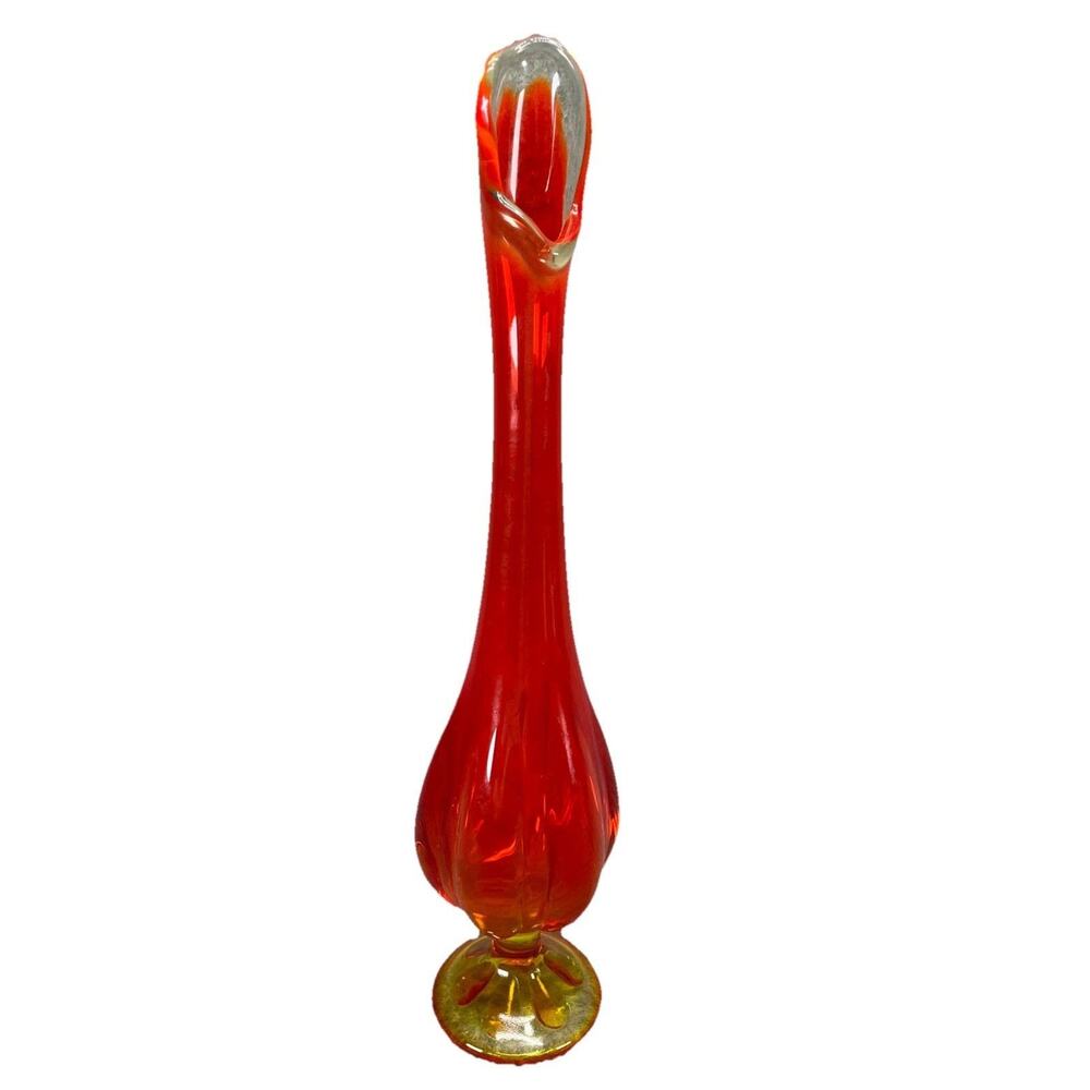 Vintage Viking Glass Amberina Orange Glow Six Petal Swung Vase 15.5" Hand Blown